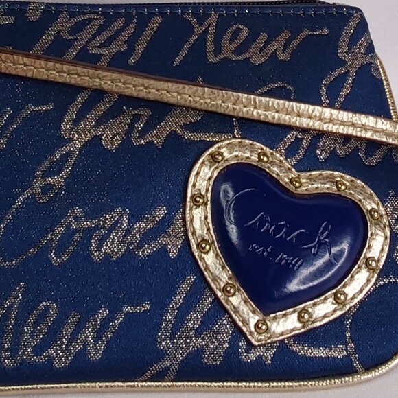 'COACH' 'POPPY' SIGNATURE SCRIPT LUREX JACQUARD WRISTLET NAVY BLUE/GOLD - Picture 8 of 15
